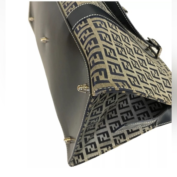 Fendi VINTAGE Boston Bag Zucchino Pattern Gray and Navy Blue Authentic - Picture 11 of 17